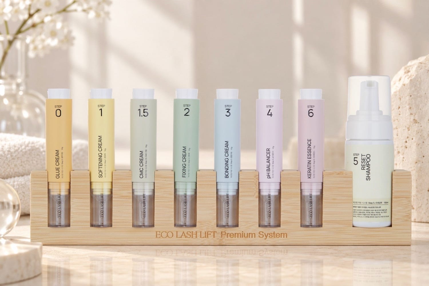 The ECO Lash Lift 8-step system on its bamboo stand