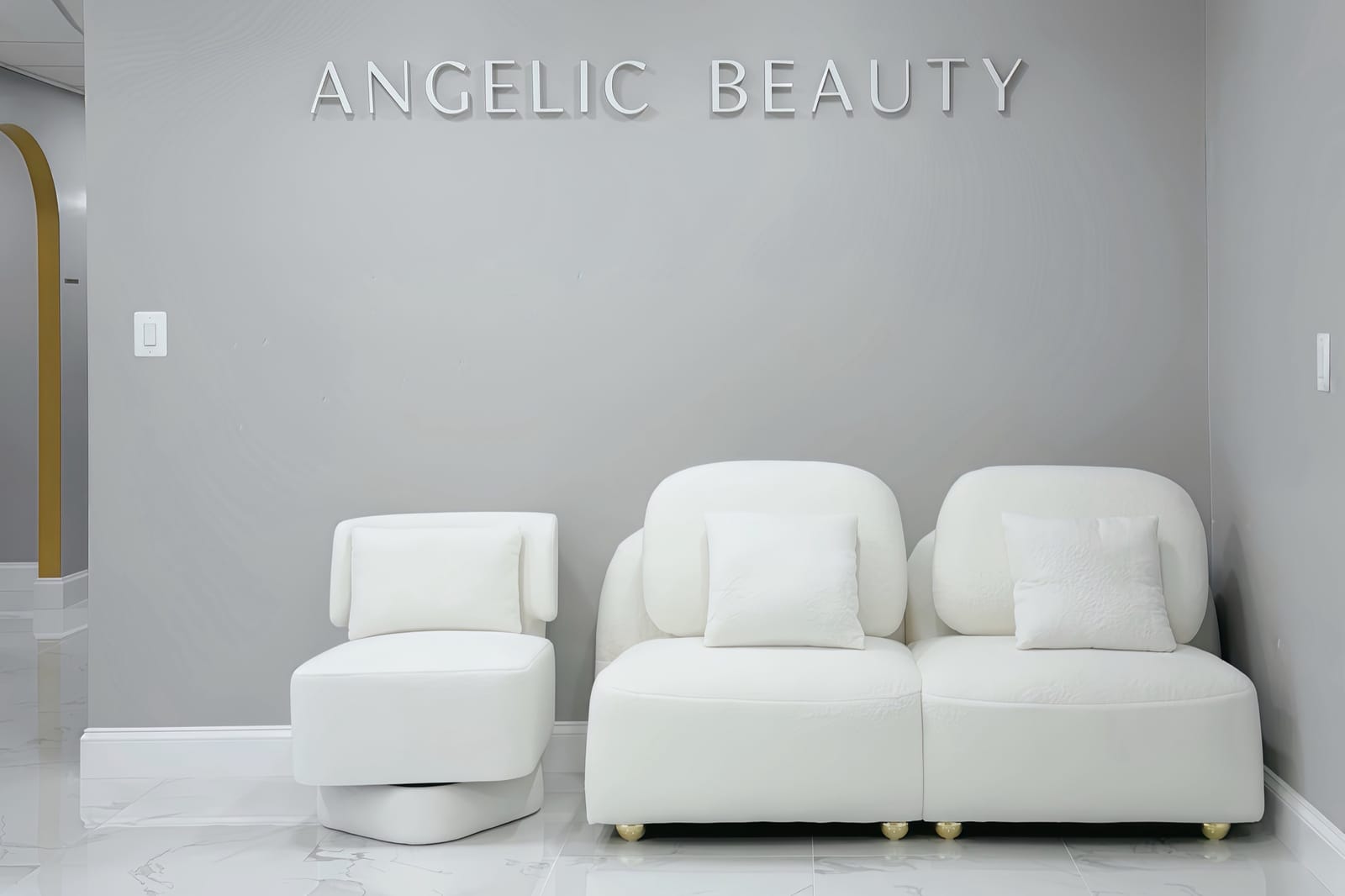 The waiting area, with the Angelic Beauty sign